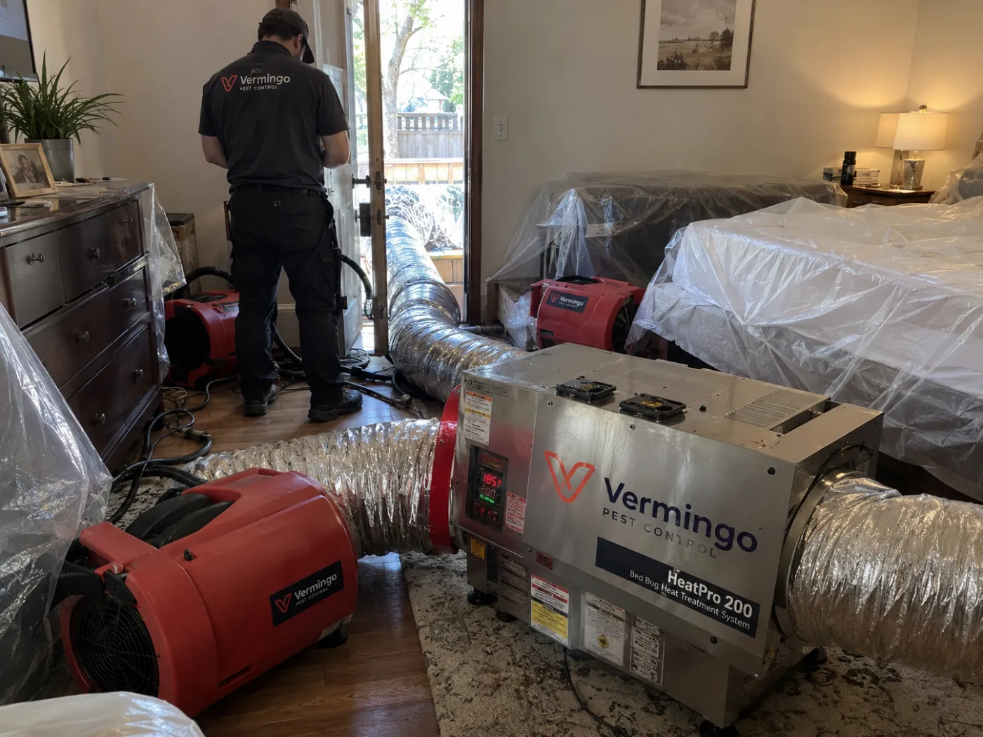 Vermingo technician running a bed bug heat treatment