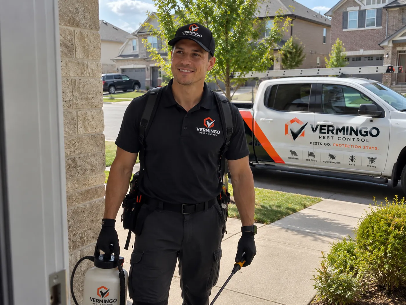 Vermingo technician in uniform arriving at a client home